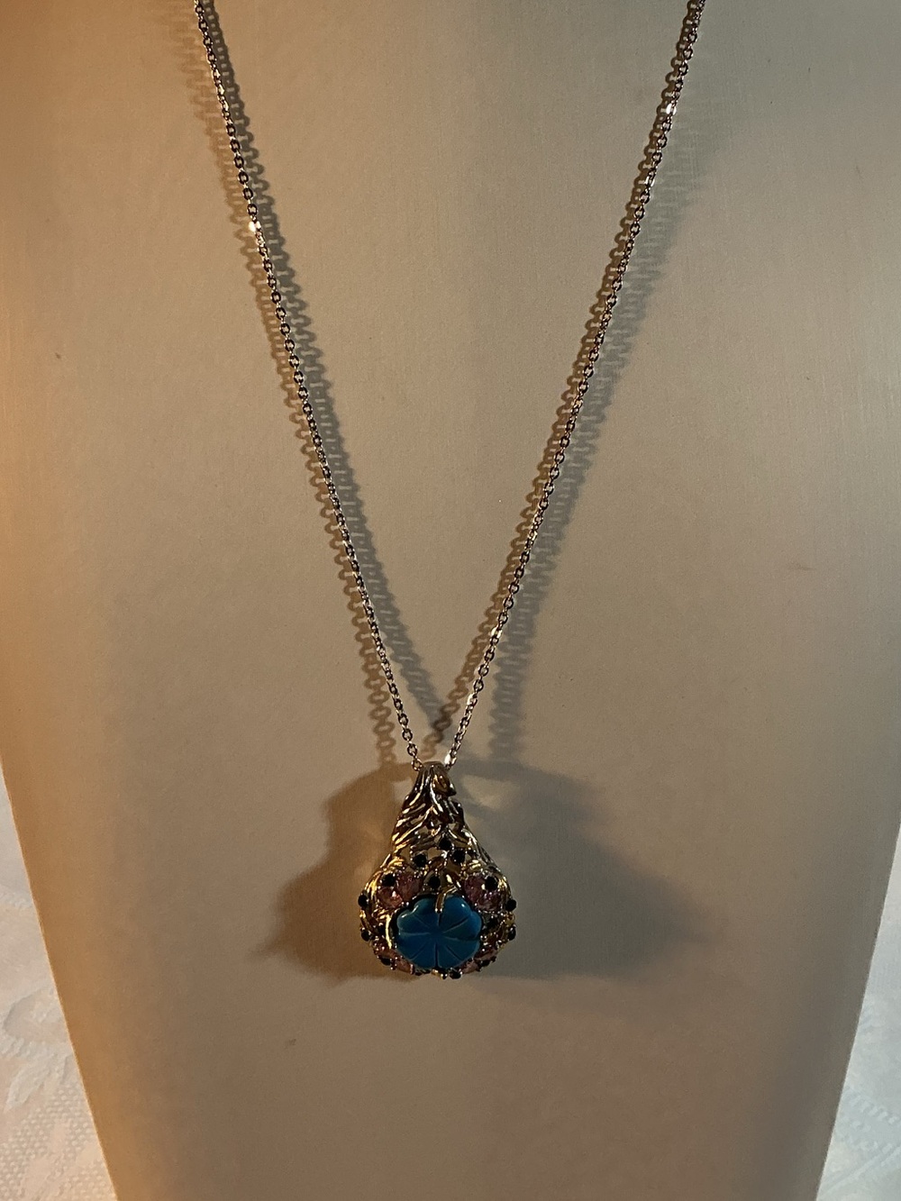 Faux Turquoise Carved Flower Gold and Silver Plated Pendant Necklace